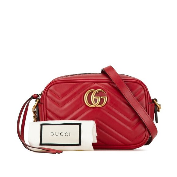 GUCCI Red Leather GG Marmont Shoulder Bag - Picture 7 of 8